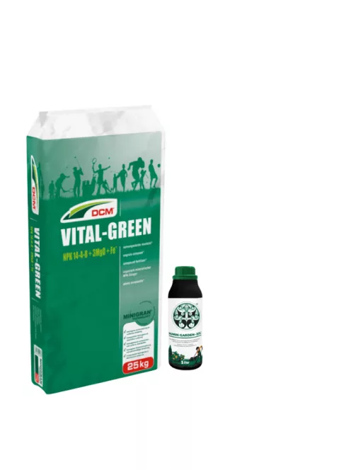 DCM VITAL GREEN tavaszi indító gyeptáp 25kg + Humin Garden Plus Sol 1 l