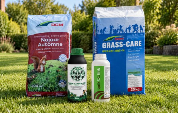 Őszi-téli gyepápoló termékek: DCM Grass Care, DCM Őszi Stresszkezelő, Humin Garden Sol, Quik-Link